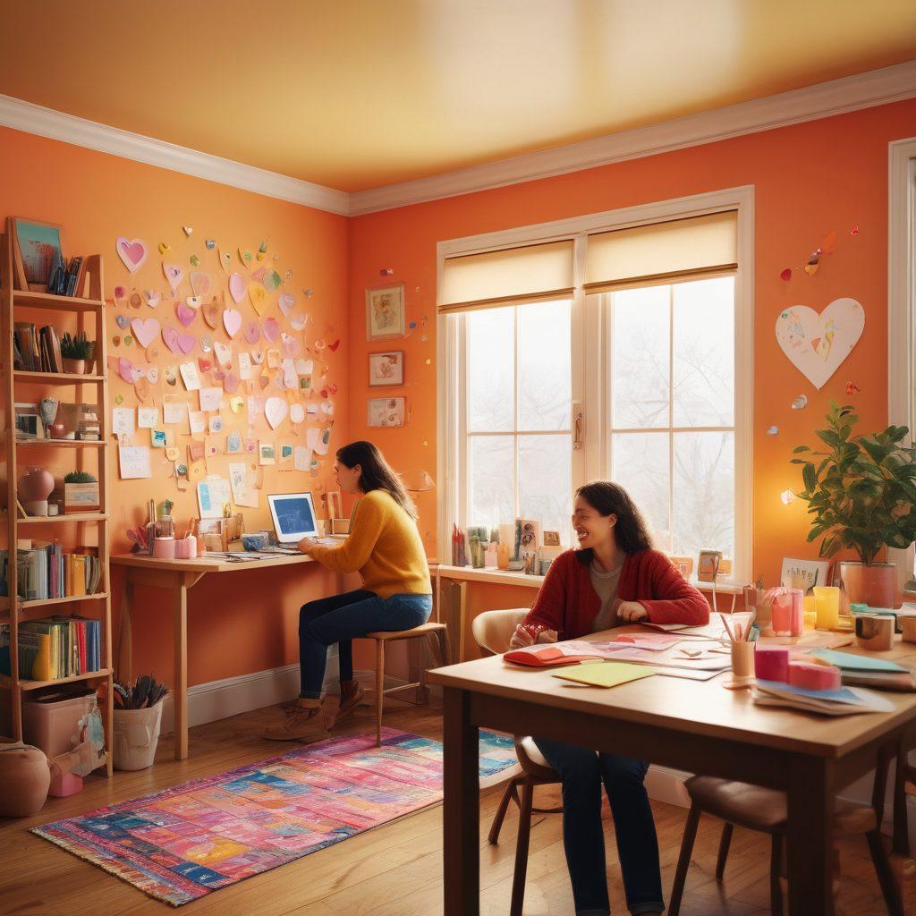 A picturesque scene of a couple joyfully working together on creative tasks, surrounded by art supplies and vibrant post-it notes filled with ideas. Brightly colored hearts and collaboration symbols float around them, illustrating their passion and connection. The background features soft, warm tones suggesting a cozy home environment, with subtle hints of laughter and joy in the air. super-realistic. vibrant colors. cozy atmosphere.
