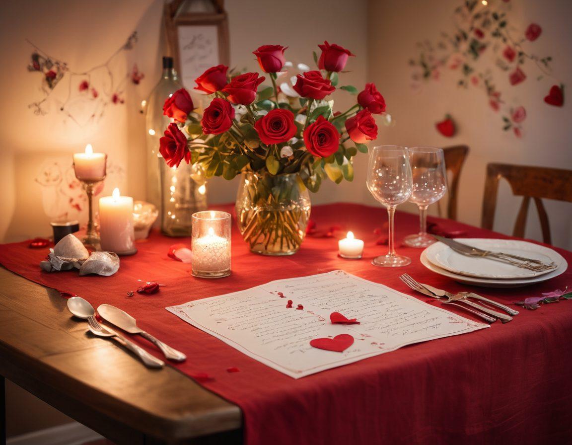 A cozy, candlelit dinner setup featuring a beautifully set table with a soft red tablecloth, surrounded by blooming roses and twinkling fairy lights. A hand-written romantic task list on the table, with hearts and doodles, along with two wine glasses, and a glowing ambiance that evokes love and warmth. super-realistic. vibrant colors. soft focus.