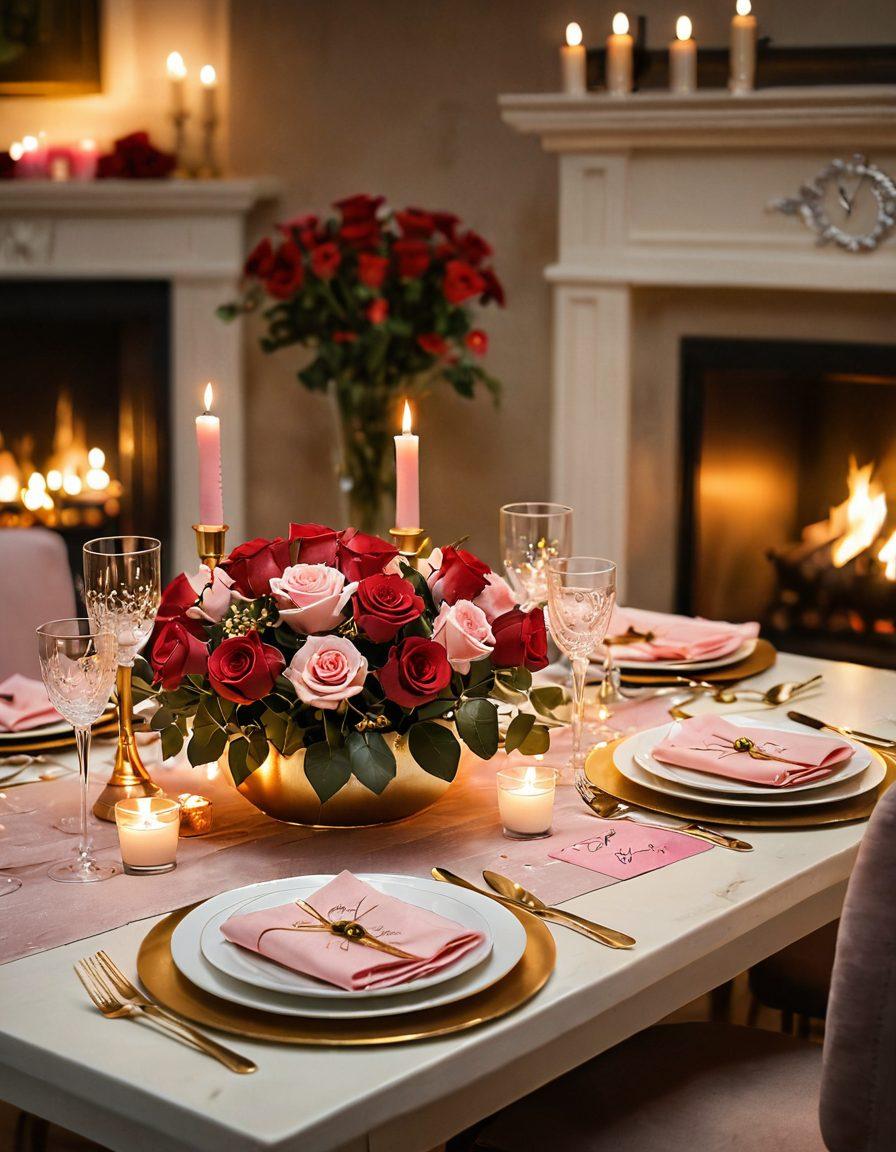 A cozy, candle-lit dinner setting with a beautifully laid table adorned with red and pink roses, soft golden lighting, and romantic elements like love notes and heart-shaped decorations. In the background, a gentle glow from a fireplace adds warmth, while a couple is seen sharing laughter and connection. Emphasize an atmosphere of intimacy and togetherness. super-realistic. warm colors. soft focus.